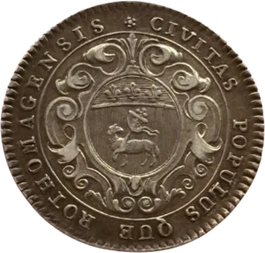 Écu aux armes de Rouen sur un cartouche.