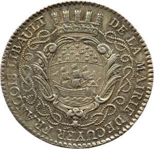 Écu couronné avec la caravelle nantaise, au chef d’hermines, autour une cordelière.