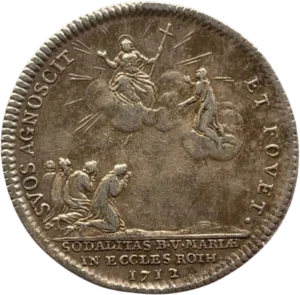 Quatre figures prosternées et agenouillées priant la Vierge qui est dans les nuages aux pieds de son fils.