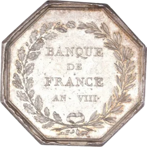 Banque de France an VIII dans une couronne végétale.