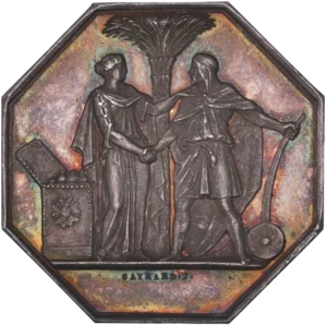 Allégorie de la Banque de l'Algérie serrant la main d'un homme, tenant le soc d'une charrue. Dans le champ à gauche, un coffre rempli de monnaies et en arrière plan, un palmier.