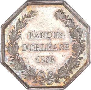 Banque d'Orléans 1838 entre une couronne de lauriers.
