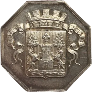 Armes de Bayonne tourelées entourées d'un bandeau inscrit.