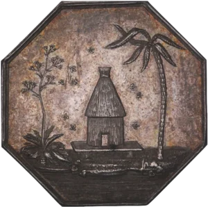 Ruche ressemblant à une case indigène avec abeilles à coté d’un palmier et d’un arbre exotique.