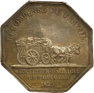 Deux boeufs tirant une charrette remplie de blé.