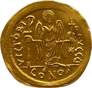 Ange debout de face, les ailes déployées, tenant une croix de la main droite et un globe crucigère de la main gauche ; étoile à huit rais.