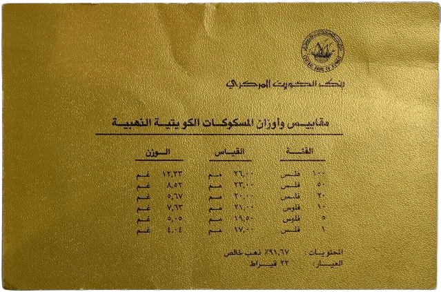 Ce coffret de présentation se compose de six essais en or du Koweit de 1987.Les pièces sont identiques à celles circulantes, à la différence que ce sont des frappes en or. 1 Fils (KM9a) 4,04gr 5 Fils (KM10b) 5,05gr 10 Fils (KM11b) 7,63gr 20 Fils (KM12b) 5,67gr 50 Fils (KM13b) 8,52gr100 Fils (KM14b) 12,33 gr.Tirage : 60 exemplaires.Note :coffret scellé avec certificat en langue arabe et anglaise.