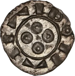 Croix composée d'une fasce et de deux étendards, cantonnée d'un besant .