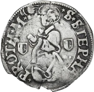 Saint Étienne à genoux à gauche, la tête nimbée, accosté de deux écussons messins, sous une main bénissante.