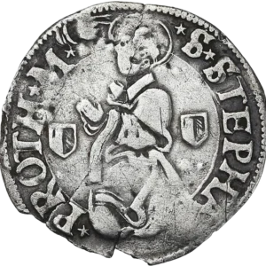 Saint Étienne à genoux à gauche, la tête nimbée, accosté de deux écussons messins, sous une main bénissante.