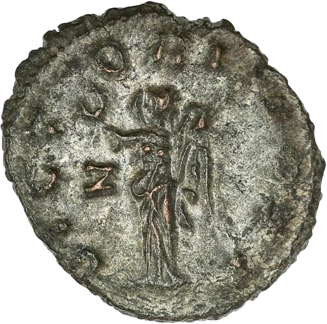 Lot de deux monnaies romaines de type antinomie (IIIème siècle).1 antoninien de l'empereur Gallien - revers à la victoire éternelle (3,00gr - 21mm).1 antoninien de l'empereur "Gaulois" Victorin - revers à la Paix (2,84gr. - 19mm).