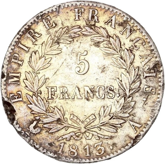 Lot composé de 3 monnaies en argent :- 5 francs Napoléon Ier 1813 A (Paris).- 5 francs Louis XVIII 1824 L (Bayonne).- 5 francs Charles X 1826 M (Toulouse).