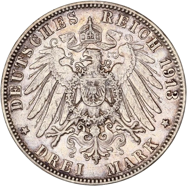 Lot de 5 monnaies allemandes en argent :1/6 de thaler prusse 1844 A2 mark commémoratif prusse 19013 mark ville d'Hambourg 1913 J3 mark prusse 1913 A5 mark prusse 1876 A