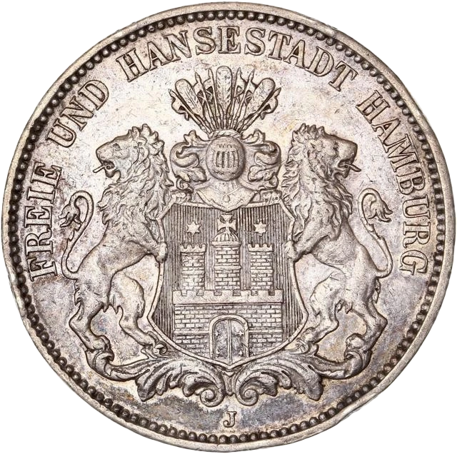 Lot de 5 monnaies allemandes en argent :1/6 de thaler prusse 1844 A2 mark commémoratif prusse 19013 mark ville d'Hambourg 1913 J3 mark prusse 1913 A5 mark prusse 1876 A