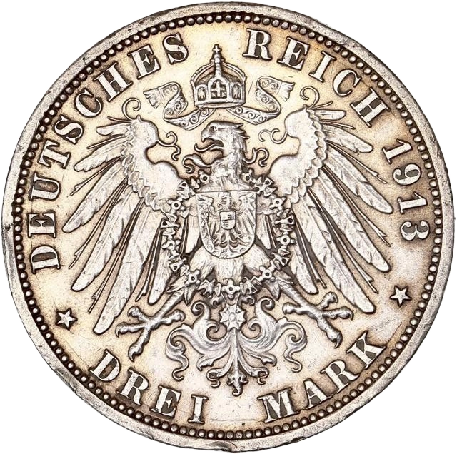 Lot de 5 monnaies allemandes en argent :1/6 de thaler prusse 1844 A2 mark commémoratif prusse 19013 mark ville d'Hambourg 1913 J3 mark prusse 1913 A5 mark prusse 1876 A