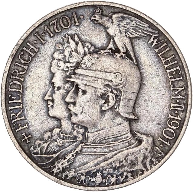 Lot de 5 monnaies allemandes en argent :1/6 de thaler prusse 1844 A2 mark commémoratif prusse 19013 mark ville d'Hambourg 1913 J3 mark prusse 1913 A5 mark prusse 1876 A