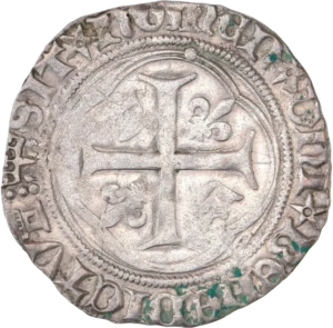 Croix accostée de couronnes et de lis.