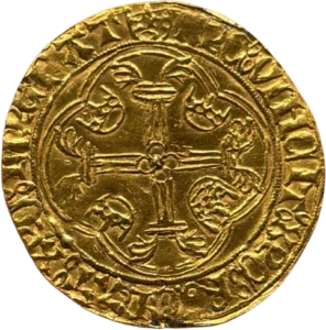 Croix feuillue avec quadrilobe en cœur, accostée de quatre couronnelles, dans un quadrilobe.