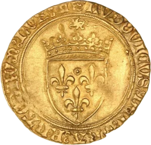 Ecu de France couronné sous un soleil.