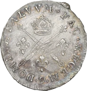 Main de justice et le sceptre en sautoir, entre trois lis, sous une couronne.