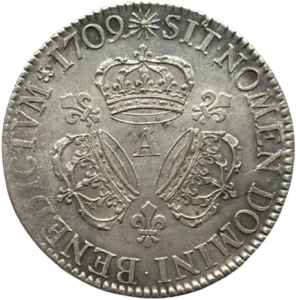 Lettre d'atelier entourée de trois couronnes et de trois lis.