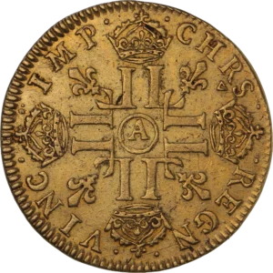 Croix formée de 8L entourée de Lis et de couronnes.