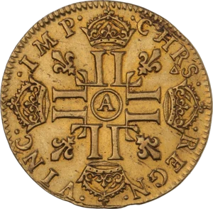 Croix formée de 8L entourée de Lis et de couronnes.