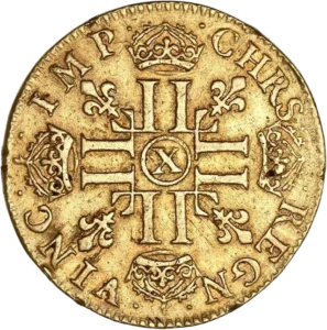 Croix formée de 8L entourée de Lis et de couronnes.