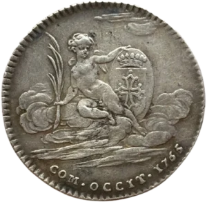 Un amour posé sur un tapis de nuages, tenant une palme de la main droite et un écu aux armes de la province occitane de la gauche.