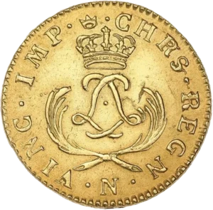 double L entrelacés surmontés d'une couronne et entourés de palmes.