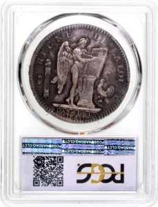 Génie à droite, gravant les tables de la Constitution.