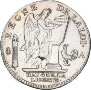 Génie à droite, gravant les tables de la Constitution.