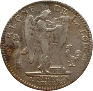 Génie à droite, gravant les tables de la Constitution.