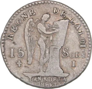 Génie à droite, gravant les tables de la Loi.