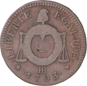 Balances de la justice surmonté d'un bonnet phrygien et décoré d'une couronne végetale.