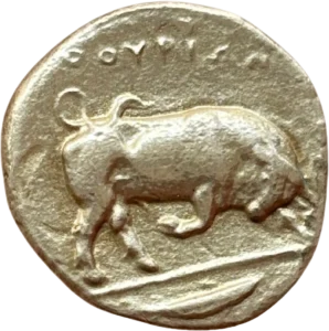 Taureau chargeant à droite, tête baissée.