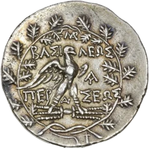 Aigle debout à droite sur un foudre, les ailes déployées, entouré d'une couronne végétale.