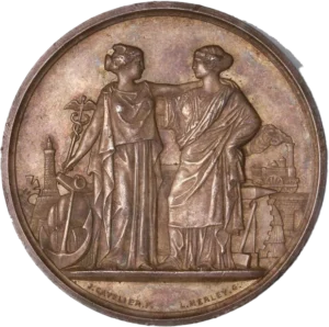 Légende en huit lignes entre des attributs du commerce et de l'industrie.