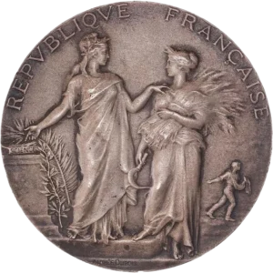 République debout avec une palme et allégorie de l’agriculture avec une faucille et une gerbe de blé ; un semeur au second plan.