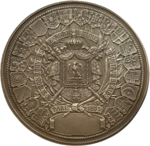 Légende en huit lignes entre des attributs du commerce et de l'industrie.