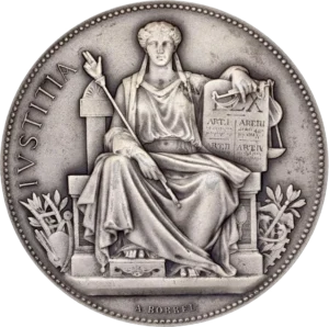 Allégorie de la justice assise de face.