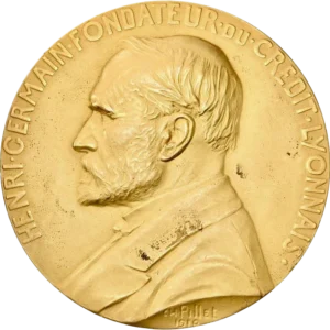 Portrait d'Henri Germain, fondateur du Crédit Lyonnais, à gauche.