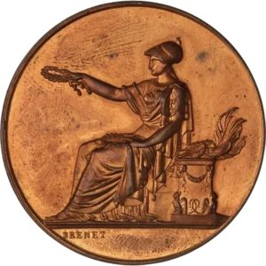 Divinité antique assise à gauche, contre un autel, tenant deux couronne dans ses mains.