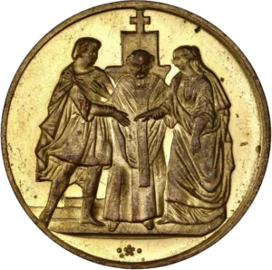 Mariés représenté à l'antique devant un autel chrétien.