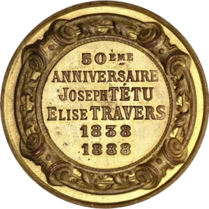 inscription "50ème anniversaire Joseph Tétu Elise Travers 1838 1888".