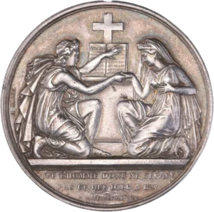 Mariés représenté à l'antique devant un autel chrétien avec l'inscription "Que l'homme donc, ne sépare pas ce que Dieu à uni".