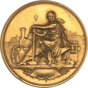 Allégorie de la ville de Tulle assise de face et tenant un marteau. à l'arrière plan, différents modes transports de marchandises et mise ne avant des usines et industries.