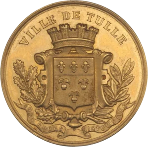 Blason de la ville de Tulle surmonté d'une couronne tourellé et entouré d'une couronne de chêne et de laurier.