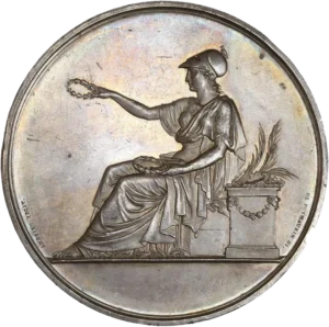 Allégorie de l'agriculture assise à gauche tenant des couronnes végétales dans chaque mains.