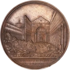 Les vestiges de la basilique Saint Paul de Rome après l'incendie de 1823.